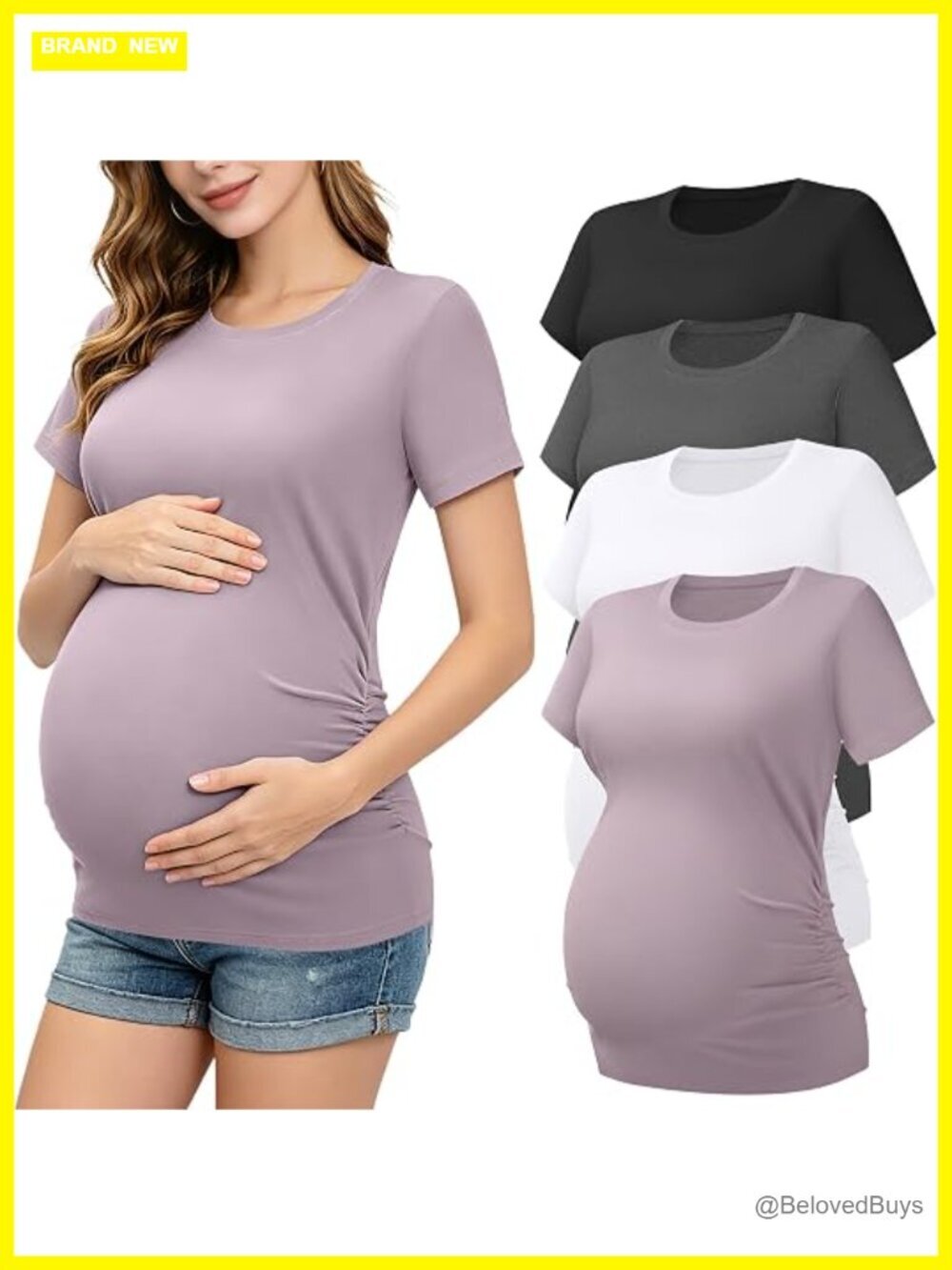 Maternity Short Sleeve Tee with Side Ruched Detail - 4 Pack